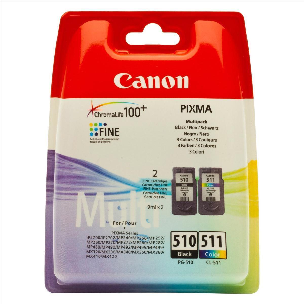 Canon PG-510 / CL-511 Multi pack – 2er-Pack – Schwarz, Farbe (Cyan, Magenta, Gelb) – Original – Tintenpatrone – für PIXMA MP230, MP237, MP252, MP258, MP270, MP280, MP282, MP499, MX350, MX360, MX410, MX420 (2970B010)