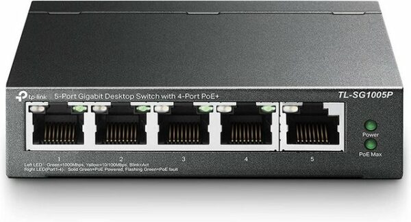 PoE Switches für einfache Handhabung 5-Port-10/100/1000Mbit/-s-Desktop-Switch mit 4 PoE-Ports TL-SG1005P Power over Ethernet  4 der 5 Autoabstimmungs-RJ45-Ports (Port 1 bis 4) des Switches unterstützen Power over Ethernet (PoE). Diese PoE-Ports können PoE-kompatible Netzwerkgeräte automatisch erkennen und IEEE802.3af-Powered-Devices (PDs) mit Strom versorgen. Der elektrische Strom wird dabei zusammen mit den Daten über ein einziges Kabel transportiert. Produktabmessungen: 9