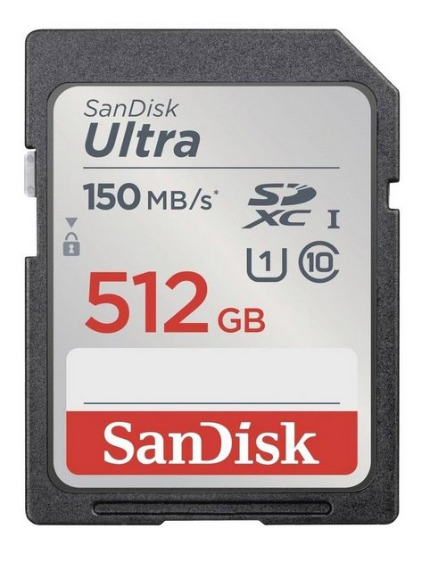 SanDisk Ultra SDXC Card Speicherkarte 512 GB Class 10 UHS-I 150 MB/s lesenHighlightsSpeicher: 512 GBLesegeschwindigkeit: 150 MB/s Interner Speichertyp: UHS-IUHS Speed Klasse: Class 1