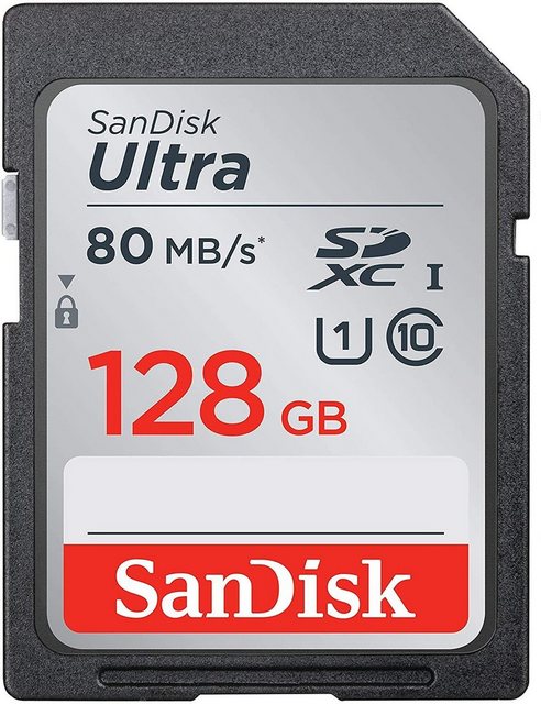 SanDisk SDXC-Card Ultra 128 GB Video Speed C10 UHS Class 1 Lesen: 80 MB/sHervorragend geeignet für Full HD-VideoaufnahmenSanDisk Ultra SDXC und SDHC UHS-I Speicherkarten verfügen über eine Class 10-Geschwindigkeitsbewertung für Full HD-Videoaufnahmen (1080p). Verlassen Sie sich auf exzellente Leistung – egal