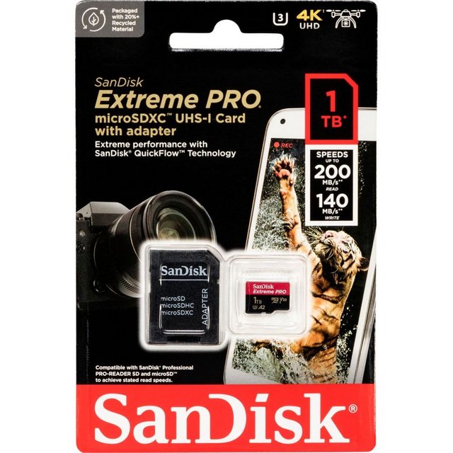 Hersteller: SandiskHerstellernummer: SDSQXCD-1T00-GN6MAEAN: 0619659188535Typ: Micro SDXC SpeicherkarteModell: Extreme Pro UHS-I U3 4K V30 A2Menge: 1 StückSpeicherkapazität: 1 TBMaße: 15 mm x 11 mm x 1 mm (LxBxH)Gewicht: ca. 0