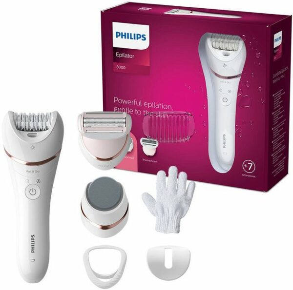 Der Philips Epilator Series 8000 Nass- und Trockenepilierer BRE730/10 sorgt bis zu vier Wochen für glatte Haut. Durch seine verbesserten Pinzetten bietet er eine leistungsstarke und gleichzeitig sanfte Epilation. Mit seinem extrabreiten Epilierkopf erfasst das Gerät mehr Haut und ermöglicht damit eine schnellere Haarentfernung. Dank seiner einzigartigen Beleuchtung erfasst es auch feine Härchen optimal. Ausgestattet mit einer kabellosen Nass- und Trockenfunktion