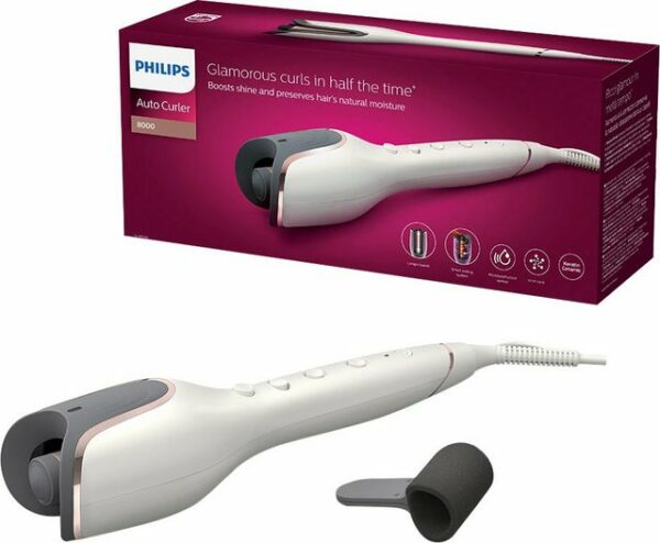 Glamouröse Locken zaubert der Philips Moisture Protect Lockendreher BHB878/00. Dank der innovativen Curl-Boost-Technologie lassen sich Locken wie vom Profi ganz einfach zuhause stylen. Durch die Länge des Auto Curlers und das offene Design lassen sich doppelt so viele Haare wie beim herkömmlichen Lockstab stylen. Vor Überhitzung und für mehr Glanz im Haar sorgt die Moisture Protect-Technologie