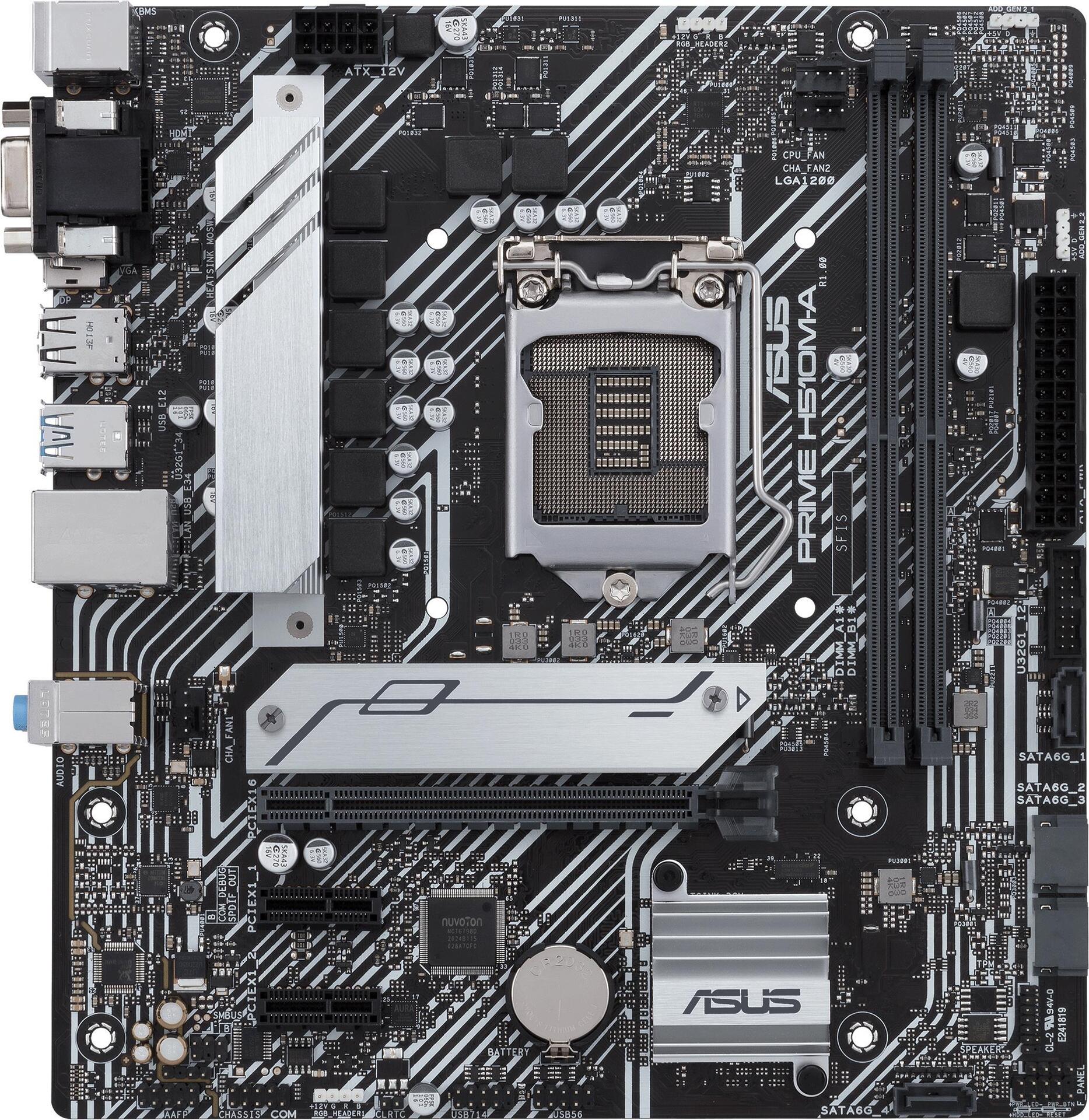 Kurzinfo: ASUS PRIME H510M-A - Motherboard - micro ATX - LGA1200-Sockel - H510 - USB 3.2 Gen 1 - Gigabit LAN - Onboard-Grafik (CPU erforderlich) - HD Audio (8-Kanal) Gruppe Motherboards Hersteller ASUS Hersteller Art. Nr. 90MB17C0-M0EAY0 Modell PRIME H510M-A EAN/UPC 4711081128465 Produktbeschreibung: ASUS PRIME H510M-A - Motherboard - micro ATX - LGA1200-Sockel - H510 Produkttyp Motherboard - micro ATX Chipsatz Intel H510 Prozessorsockel 1 x LGA1200-Sockel Kompatible Prozessoren (unterstützt Intel Core i5 / i7 / i9 der 11. und 10. Generation