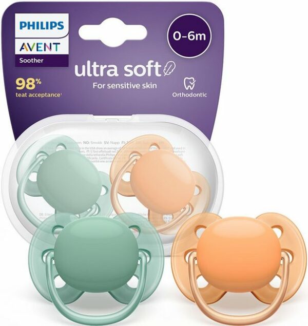 Eignet sich ideal für die empfindliche Haut des Babys: Der Philips AVENT ultra soft Schnuller SCF091/03. Um Hautreizungen vorzubeugen und Abdrücke zu reduzieren