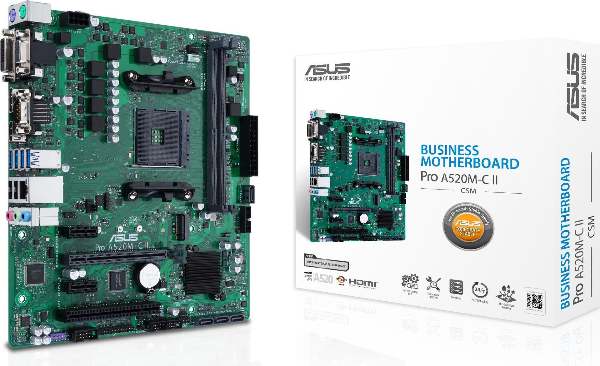 ASUS PRO A520M-C II/CSM – AMD – Socket AM4 – AMD Ryzen 3 – AMD Ryzen 5 – AMD Ryzen 7 – Socket AM4 – DDR4-SDRAM – 64 GB (90MB18F0-M0EAYC)