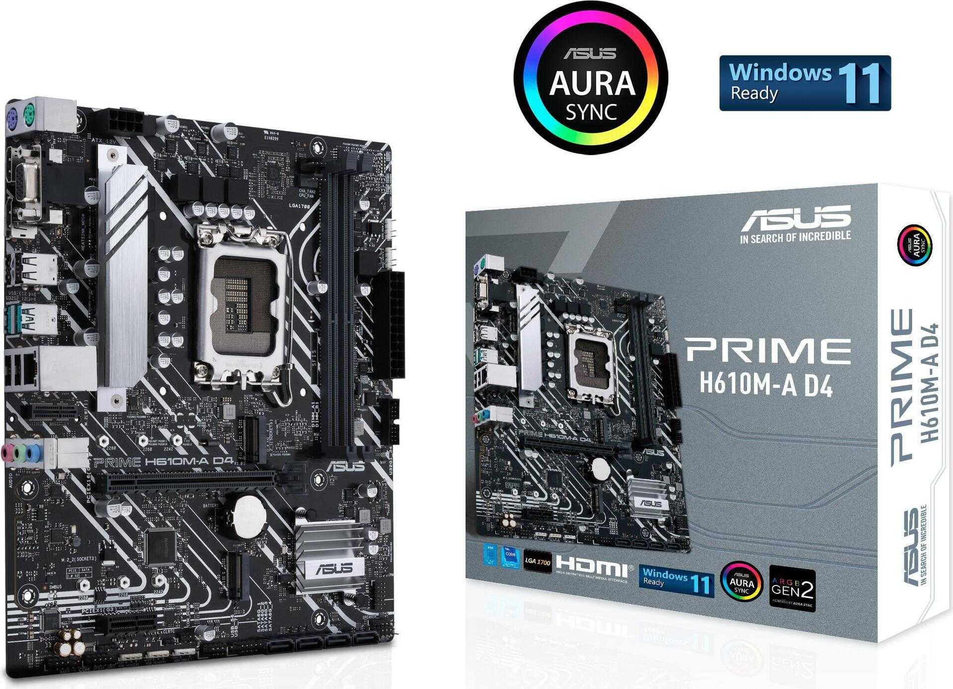 ASUS PRIME H610M-A D4 – Motherboard – micro ATX – LGA1700-Sockel – H610 Chipsatz – USB 3,2 Gen 1, USB 3,2 Gen 2 – Gigabit LAN – Onboard-Grafik (CPU erforderlich) – HD Audio (8-Kanal) (90MB19P0-M0EAY0)