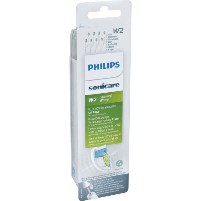 Die Aufsteckbürsten Philips Sonicare HX6068/12 W2 Optimal White im 8er-Pack mit diamantförmigen und mittelharten Borsten sorgen für ein gründliches und sanftes Reinigungserlebnis. Sie verfügen über einen zentralen Bürstenblock zur Entfernung von oberflächlichen Verfärbungen durch Speisen und Getränke