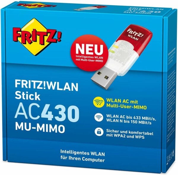 7580 und 6590 Cable. Die MU-MIMO-Technologie gestattet die parallele Kommunikation im WLAN. Ein entsprechend ausgestatteter Routerkann mit bis zu vier WLAN-Geräten – z. B. mit dem FRITZ!WLAN Stick 430 MU-MIMO ausgestatteten Notebooks – zeitgleich Daten austauschen. Der WLAN Stick beherrscht auch alle älteren WLAN-Standards und eignet sich für den Aufbau einer WLAN-Verbindung mit allen gängigen Routern. Mit einer Übertragungsgeschwindigkeit von bis zu 433 MBit/s erreicht der WLAN-Stick deutlich höhere Datenraten als WLAN-Adapter älterer Generationen. Die Dualbandunterstützung (2