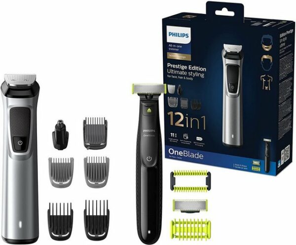 Das Philips 12-in-1 Premium-Trimmset MG9710/90 ermöglicht ein vielfältiges Styling für Gesicht