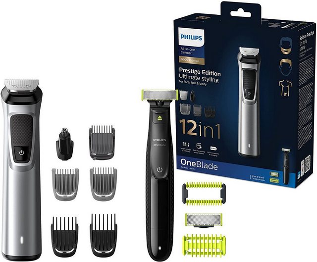 Philips Haar- und Bartschneider MG9710/90 Multigroom Series 9000 & OneBlade Face+Body, 12-in-1-Premium-Trimmset