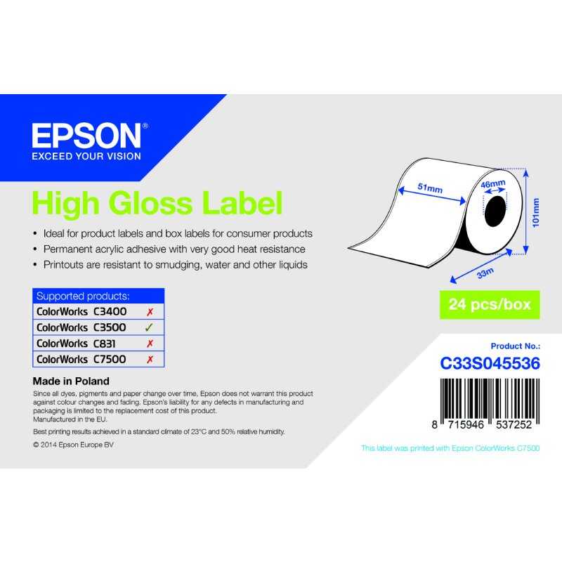 Epson ORIGINAL Epson Etiketten High Gloss C33S045536 High Gloss Label, Rolle, 51mm x 33m, VE=1