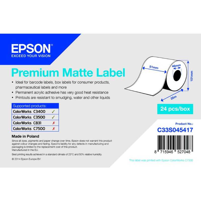 Epson ORIGINAL Epson Etiketten S045417 C33S045417 Normalpapier, matt beschichtet, 51mm x 35m, VE=1