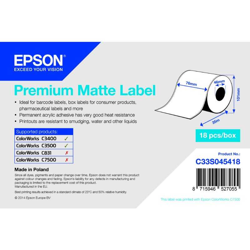 Epson ORIGINAL Epson Etiketten S045418 C33S045418 Normalpapier, matt beschichtet, 76mm x 35m, VE=1