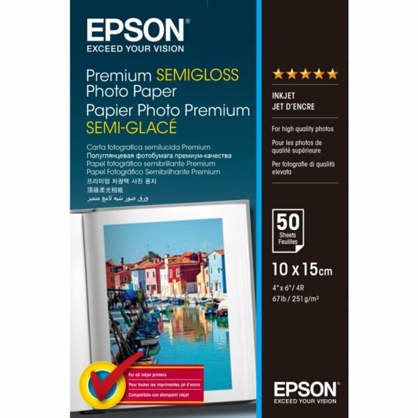 Epson ORIGINAL Epson Papier Weiss C13S041765 Premium Semigloss 50 Blatt Fotopapier, 10 x 15 cm, 251 g/m², 50 Blatt, Stylus Premium semigloss