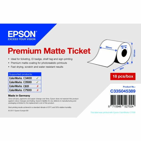 Epson ORIGINAL Epson Papier Weiss C33S045389 Couponrolle Normalpapier, matt beschichtet, 80mm x 50m, VE=1