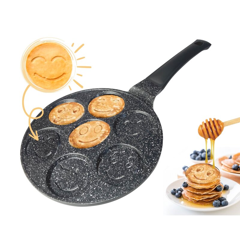 Amalindo Pancake Pfanne Ø26cm | 7 Loch Smiley Pancakepfanne | Antihaft-Beschichtung | Pfannkuchenpfanne, Spiegeleipfanne geeignet für alle Herdarten