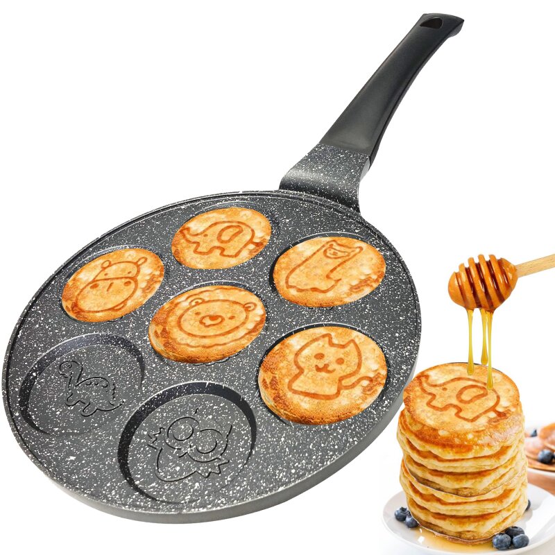 Amalindo Pancake Pfanne Ø26cm | 7 Loch Tiere Karikatur Pancakepfanne | Antihaft-Beschichtung | Pfannkuchenpfanne, Spiegeleipfanne geeignet für alle Herdarten