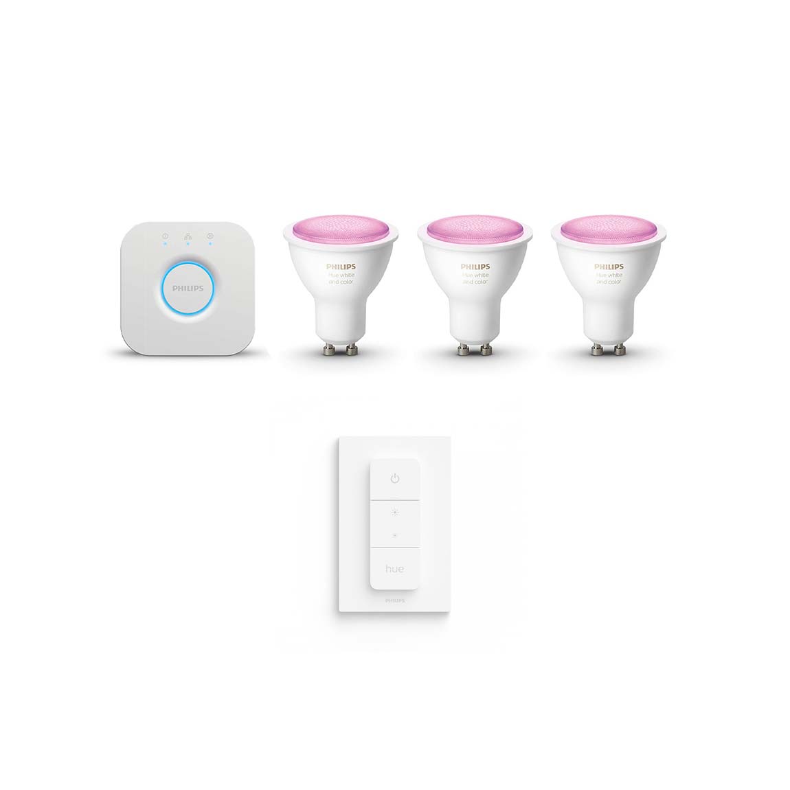 Philips Hue White & Color Ambiance GU10 Bluetooth Starter Kit – 3 Lampen, Bridge, Dimmschalter – Weiß