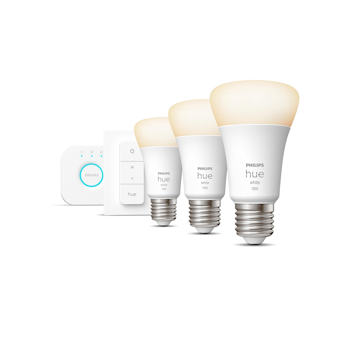 Philips Hue White E27 1100lm Bluetooth Starter Kit – 3 Lampen, Bridge, Dimmschalter – Weiß