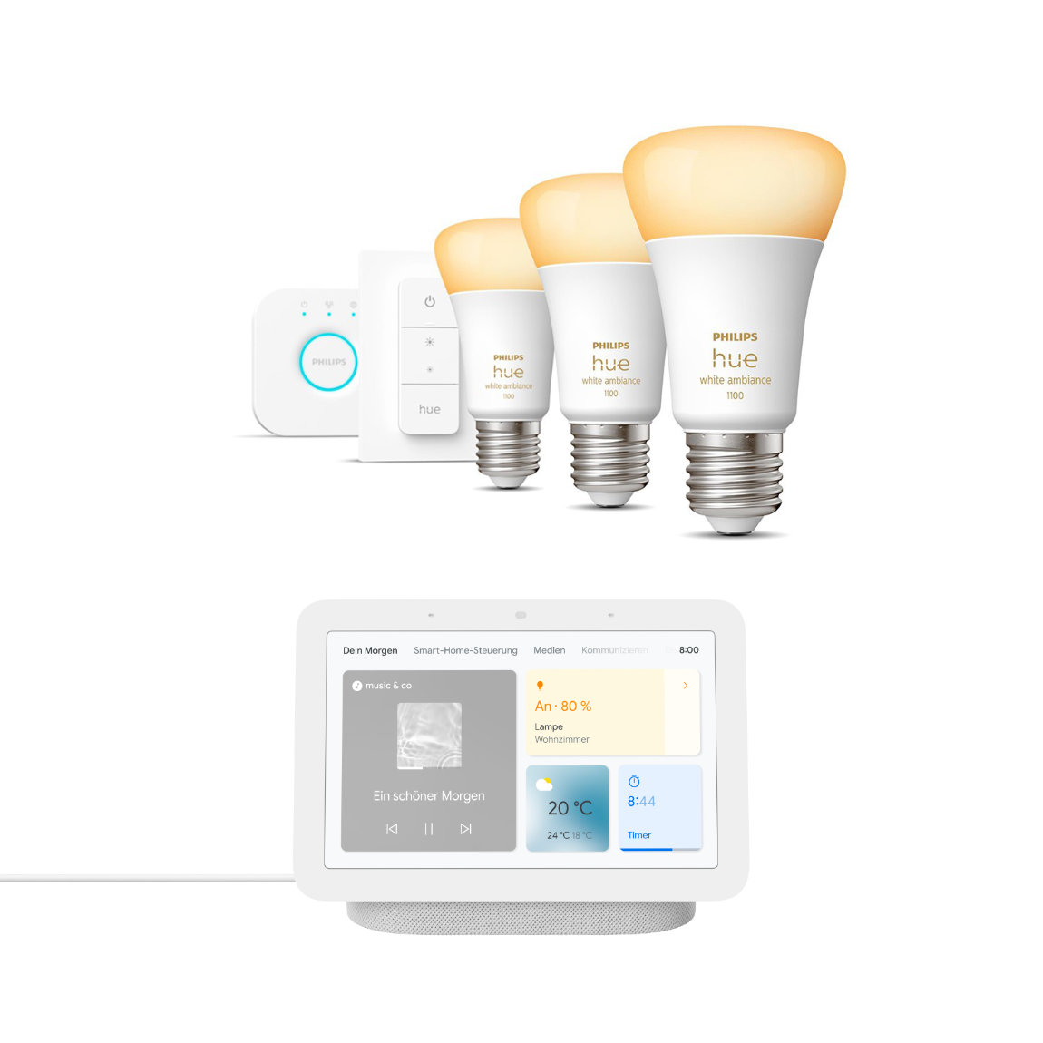 Philips Hue White Ambiance E27 1100lm Bluetooth Starter Kit + Google Nest Hub (2. Generation)