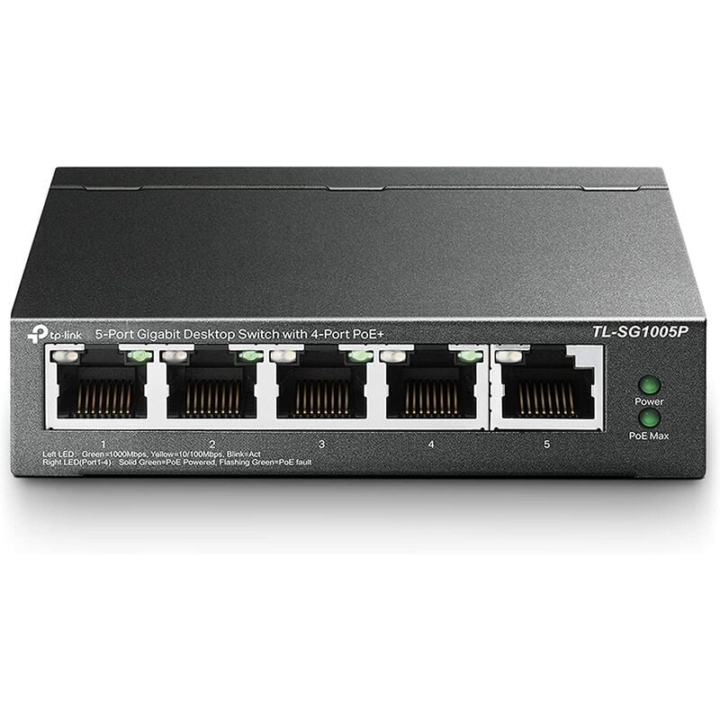 TP-Link TL-SG1005P 5-Port Gigabit Lan PoE Switch mit 4 PoE+ Ports (65 Watt, IEEE-802.3af/at, Plug-and-Play) Schwarz