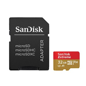 microSDHC-Card Extrem inklusive SD Adapter: entwickelt für Android-Smartphones und -Tablets sowie MIL-KamerasDiese Speicherkarte von SanDisk ist die Lösung für eine Datenübertragung in Höchstgeschwindigkeit! Die microSDHC-Card Extrem von SanDisk überzeugt mit einer Lesegeschwindigkeit von 100 MB/Sek. und einer Schreibgeschwindigkeit von 60 MB/Sek. Mit der Beschleunigung der App-Performance und 4K UHD für Ihr Android-Smartphone zeigt sie sich besonders leistungsstark. Eingestuft ist die Speicherkarte in die Geschwindigkeitsklasse Class 10.32 GB SpeicherkapazitätMit einer Speicherkapazität von 32 GB hat die microSDHC-Card Extrem viel Platz für Videoaufnahmen