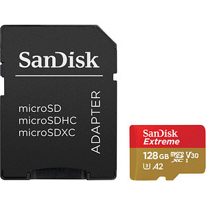 microSDXC-Card Extrem inklusive SD Adapter: entwickelt für Android-Smartphones und -Tablets sowie MIL-KamerasDiese Speicherkarte von SanDisk ist die Lösung für eine Datenübertragung in Höchstgeschwindigkeit! Die microSDXC-Card Extrem von SanDisk überzeugt mit einer Lesegeschwindigkeit von 190 MB/Sek. und einer Schreibgeschwindigkeit von 90 MB/Sek. Mit der Beschleunigung der App-Performance und 4K UHD für Ihr Android-Smartphone zeigt sie sich besonders leistungsstark. Eingestuft ist die Speicherkarte in die Geschwindigkeitsklasse Class 10.128 GB SpeicherkapazitätMit einer Speicherkapazität von 128 GB hat die microSDXC-Card Extrem viel Platz für Videoaufnahmen