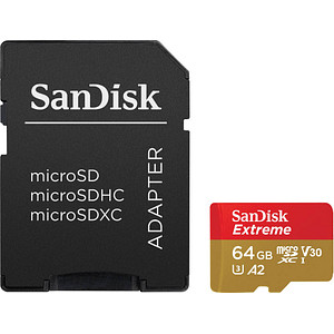 microSDXC-Card Extrem inklusive SD Adapter: entwickelt für Android-Smartphones und -Tablets sowie MIL-KamerasDiese Speicherkarte von SanDisk ist die Lösung für eine Datenübertragung in Höchstgeschwindigkeit! Die microSDXC-Card Extrem von SanDisk überzeugt mit einer Lesegeschwindigkeit von 170 MB/Sek. und einer Schreibgeschwindigkeit von 80 MB/Sek. Mit der Beschleunigung der App-Performance und 4K UHD für Ihr Android-Smartphone zeigt sie sich besonders leistungsstark. Eingestuft ist die Speicherkarte in die Geschwindigkeitsklasse Class 10.64 GB SpeicherkapazitätMit einer Speicherkapazität von 64 GB hat die microSDXC-Card Extrem viel Platz für Videoaufnahmen