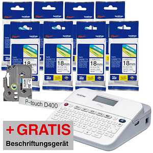 AKTION: 8 brother Beschriftungsbänder TZe-241 PTD400VPZG3, 18 mm schwarz auf weiß + GRATIS P-touch D400VP