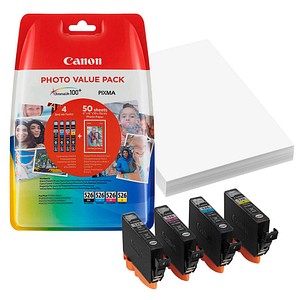 Canon CLI-526 C/M/Y/BK  schwarz, cyan, magenta, gelb Druckerpatronen + Fotopapier