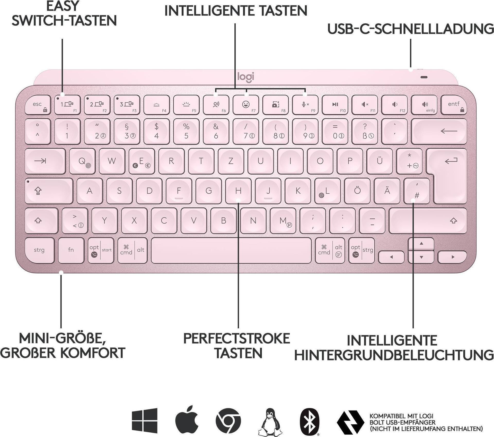 Kurzinfo: Logitech MX Keys Mini - Tastatur - hinterleuchtet - Bluetooth - AZERTY - Französisch - rosé Gruppe Tastaturen Hersteller Logitech Hersteller Art. Nr. 920-010484 Modell MX Keys Mini EAN/UPC 5099206098886 Produktbeschreibung: Logitech MX Keys Mini - Tastatur - AZERTY - Französisch - rosé Gerätetyp Tastatur Hintergrundbeleuchtet Ja Schnittstelle Bluetooth Lokalisierung und Layout AZERTY Französisch Tastaturkurzbefehl-Funktion Stummtaste