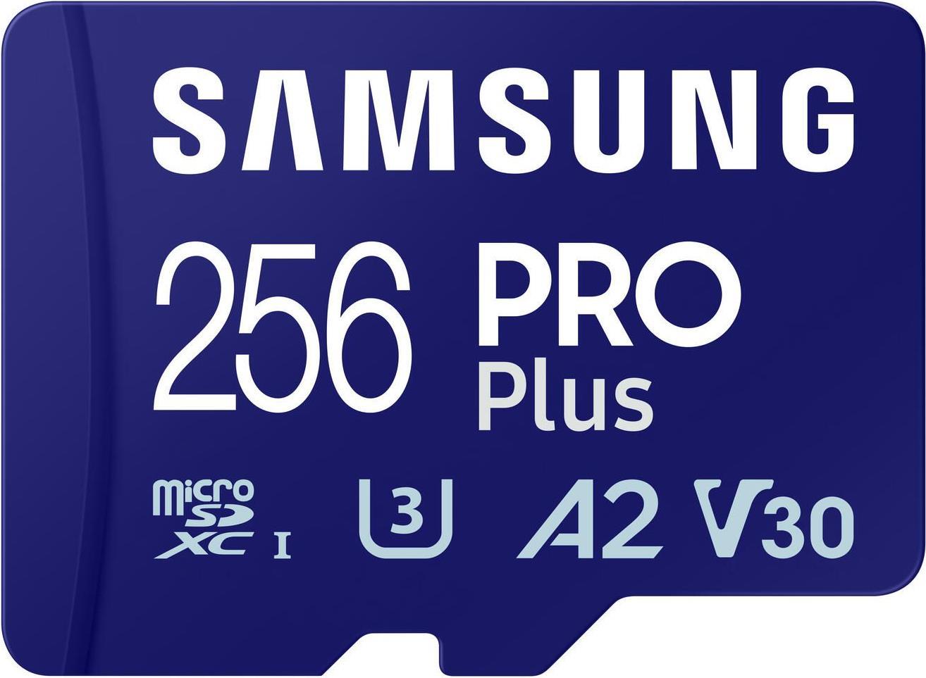 Kurzinfo: Samsung PRO Plus MB-MD256SA - Flash-Speicherkarte (microSDXC-an-SD-Adapter inbegriffen) - 256 GB - A2 / Video Class V30 / UHS-I U3 - microSDXC UHS-I - Blau Gruppe Flash-Speicher Hersteller Samsung Hersteller Art. Nr. MB-MD256SA/EU Modell PRO Plus MB-MD256SA EAN/UPC 8806094788105 Produktbeschreibung: Samsung PRO Plus MB-MD256SA - Flash-Speicherkarte - 256 GB - microSDXC UHS-I Produkttyp Flash-Speicherkarte Formfaktor microSDXC UHS-I Speicherkarte Speicherkapazität 256 GB Geschwindigkeit A2 / Video Class V30 / UHS-I U3 Farbe Blau Enthaltener Speicheradapter microSDXC-an-SD-Adapter Ausführliche Details Allgemein Produkttyp Flash-Speicherkarte Speicherkapazität 256 GB Farbe Blau Arbeitsspeicher Geschwindigkeitsklasse A2 / Video Class V30 / UHS-I U3 Lesegeschwindigkeit Bis zu 180 MB/s Schreibgeschwindigkeit Bis zu 130 MB/s Formfaktor microSDXC UHS-I Speicherkarte Besonderheiten Mit Magnetschutz