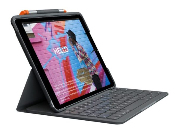 Ergänz dein iPad mit dem Logitech Slim Folio um eine komfortable und flexible Tastatur. Mit nur einem Handgriff kannst du durch die Tastatur-Hülle Tippkomfort wie auf dem Laptop genießen und dein iPad gleichzeitig vor Kratzern schützen.Schutzhülle mit integrierter Tastatur.QWERTZ-Layout (Deutsch) .Drei verschiedene Anwendungsmodi.Kompatibel mit iPad der 7.