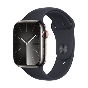 Die Apple Watch Series 9 45 mm Edelstahl (GPS+Cellular) Sportarmband S/M  schwarz