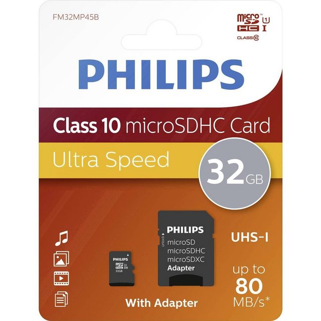 Philips microSDHC-Karte 16GB Class 10 Speicherkarte (inkl. SD-Adapter)