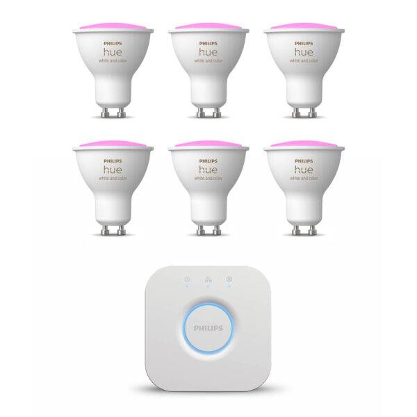 Die Vorteile des Philips Hue White & Color Ambiance GU10 350lm 6er-Set + Bridge im Überblick:   Unzählige Beleuchtungsfarben und Weißtöne Erstelle individuelle Szenarien Einfache und schnelle Installation Herzstück des Hue Systems Auf bis zu 50 Lampen und Leuchten erweiterbar Lege mit diesem Set sofort los!