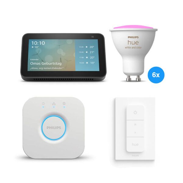 Die Vorteile des Philips Hue White & Color Ambiance GU10 Bluetooth Starter Kit mit 6 Lampen + Amazon Echo Show 5 Gen. 3 im Überblick:   Einfach und schnell installiert Energieeffizienzklasse A Komfort und Ambiente Unzählige Beleuchtungsfarben und Weißtöne Smartphone-Bedienung via Bluetooth Steuerung per Sprachassistent Genieße grenzenlose Unterhaltung