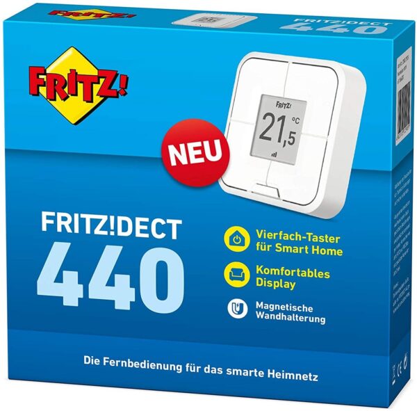 wo Sie sich im Raum aufhalten. Der Heizkörperregler FRITZ!DECT 301 richtet sich auf Wunsch nach eben dieser Position.Automatische Updates mit neuen FunktionenFRITZ!DECT 440 ist auf Ihre FRITZ!Box perfekt abgestimmt und einfach eingerichtet. Regelmäßige Updates sorgen für Sicherheit und bringen neue Funktionen. Der sparsame DECT-ULE-Funk und das verbrauchsarme E-Paper-Display sichern eine lange Lebensdauer der Batterien.HighlightsVierfach-Taster für Smart HomeKontrastreiches E-Paper-DisplayMagnetische WandhalterungLeistungsmerkmaleVier konfigurierbare Tasten für die komfortable Bedienung von FRITZ!-Produkten für das Smart HomeSchaltet und steuert die neue smarte LED-Lampe FRITZ!DECT 500Temperatur- und Feuchtigkeitssensor