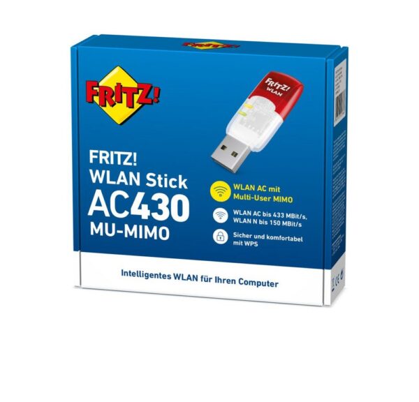 die besonders einfache Installation und die WPA2-Funkverschlüsselung sorgen für kabellosen Surfspaß.Innovatives WLAN für den USB-AnschlussDer FRITZ!WLAN Stick AC 430 MU-MIMO ist ideal in Kombination mit Multi-User-MIMO-fähigen Routern wie der FRITZ!Box 7590