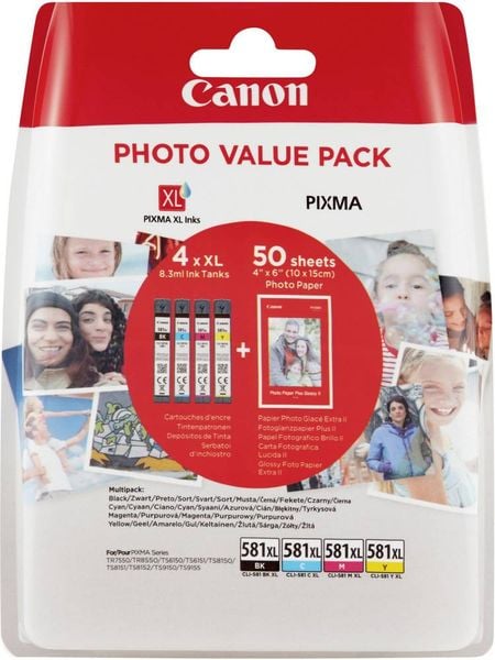 Canon Tintenpatrone CLI-581XL Photo Value Pack CMYK Original Kombi-Pack Foto Schwarz, Cyan, Magenta, Gelb 2052C004 Druckerpatronen Kombi-Pack