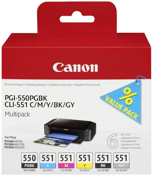 Canon Tintenpatrone PGI-550PGBK/CLI-551 Multipack Original Kombi-Pack Foto Schwarz, Cyan, Magenta, Gelb, Schwarz, Grau 6496B005