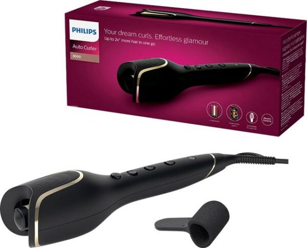 Der Philips StyleCare Prestige automatische Lockenstab BHB876/00 ermöglicht traumhafte Locken ohne großen Aufwand. Durch seine zwei automatisch rotierenden Haarführungssysteme mit der Curl-Boost Technologie lassen sich auf Knopfdruck lang anhaltende Locken bei schonender Temperatur formen. Aufgrund seiner Größe können dabei doppelt so viele Haare in einem Durchgang gestylt werden. Je nach Haartyp lassen sich dabei drei verschiedene Temperaturstufen sowie drei Timer-Einstellungen auswählen. Für eine einfache Bedienung ist das Gerät mit einem vertikalen Griff ausgestattet. Um das Haar zu schützen und pflegen