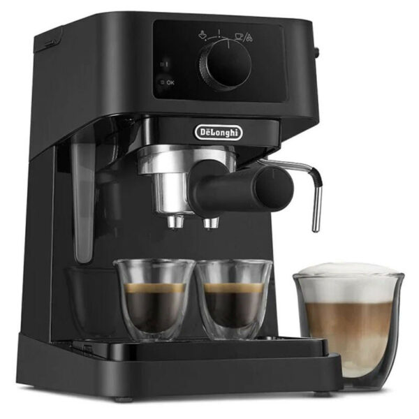 DeLonghi EC235BK Espressomaschine. - Art der Kaffeemaschine: Espresso. Anzahl der Tassen: 2. Kapazität: 1 L. Leistung: 1100 W. Druck: 15 bar. Anzahl der Filter: 2. Kaffeesorte: gemahlen / Schote. Abnehmbarer Wassertank. Abnehmbare Tropfschale. Milchschaumdüse. Heißwasserfunktion. Wasserstandsanzeige. Automatische Abschaltung. Edelstahlkessel. Schwarze Farbe. Abmessungen: 205 x 343 x 285 mm. Gewicht: 4