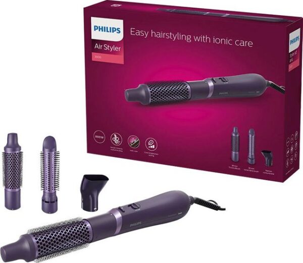 Der Philips 3000 Series AirStyler BHA305/00 ermöglicht ein natürliches Styling der Haare und sorgt für mehr Pflege und Glanz. Durch die Keratin-Keramikbeschichtung gleitet die Föhnbürste sanft durch das Haar und zaubert einen glänzenden und glatten Look. Für die optimale Trockentemperatur und einen Schutz vor Überhitzung besitzt das Gerät eine Pflegeeinstellung. Mit der Kaltlufteinstellung lässt sich das Haar mit geringer Wärme sanft trocknen. Ausgestattet ist der AirStyler mit einer schmalen Stylingbürste