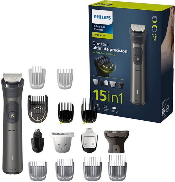 Der Philips Serie 7000 All-in-One Trimmer MG7940/15 ermöglicht dank zahlreicher Aufsätze vielseitige Styles für Gesicht