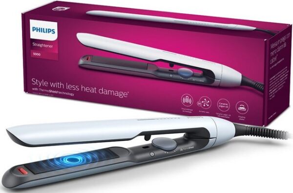 Ein glattes und schnelles Haarstyling mit weniger Hitzeschäden ermöglicht der Philips 5000 Series Haarglätter BHS520/00. Dank der ThermoShield Technologie sorgt er für eine konstante Temperatur von der Haarwurzel bis in die Spitzen und schützt damit vor zu viel Hitze. Durch die weichen Keramikheizplatten mit Argan-Öl ermöglicht das Gerät eine gleichmäßige Wärme und Druck und sorgt für ein schnelles