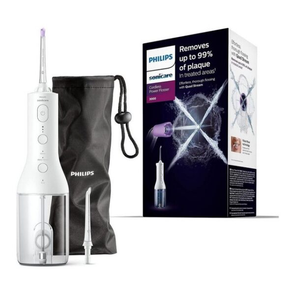 Entdecken Sie die modernste Art der Zahnzwischenraumreinigung mit der Cordless Power Flosser 3000 HX3826/31 Munddusche. Mit Quad Stream-Technologie bietet diese Munddusche eine schnelle und effektive Reinigung