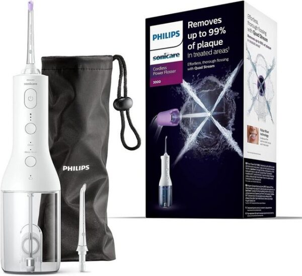 Philips Munddusche Cordless Power Flosser 3000 HX3826/31 Quad Stream-Technologie 2 Modi 3 Intensitätsstufen Pulse Wave-Technologie 250-ml-Behälter WeißProduktdetailsQuad Stream-Technologie für eine schnelle