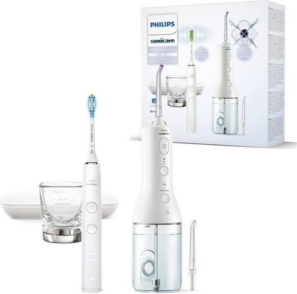 Philips Sonicare DiamondClean kabelloser Power Flosser 3000 und DiamondClean Series 9000 elektrische Zahnbürste im Set bietet das beste Reinigungserlebnis. Die Kombination aus einer Munddusche und einer elektronischen Zahnbürste ermöglicht Ihnen die Reinigung von Zähne und Zahnfleisch